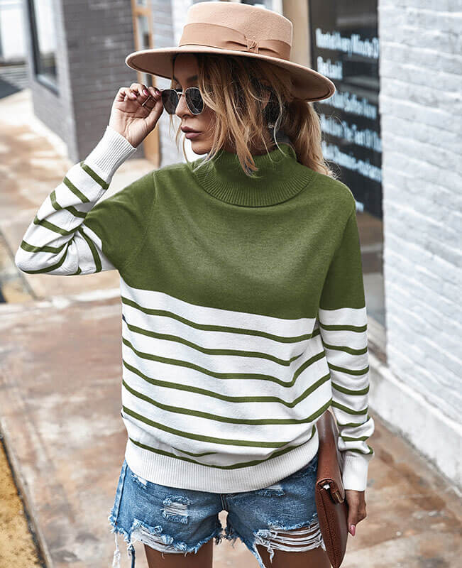 Long Sleeve Stripe Turtlenecks Sweater Cable Knit Sweater Womens