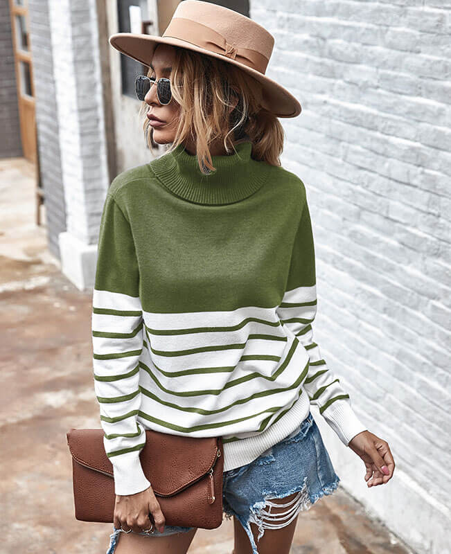Long Sleeve Stripe Turtlenecks Sweater Cable Knit Sweater Womens
