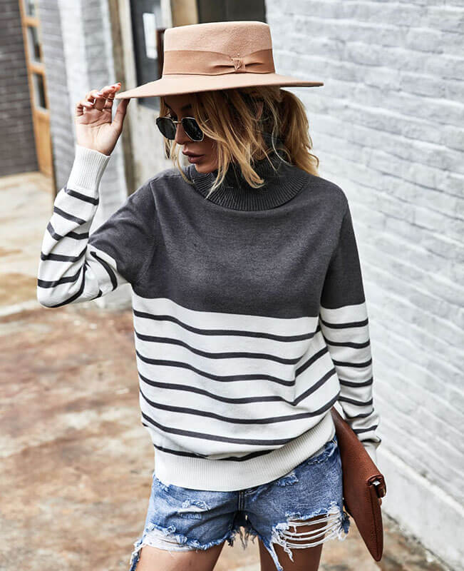 Long Sleeve Stripe Turtlenecks Sweater Cable Knit Sweater Womens