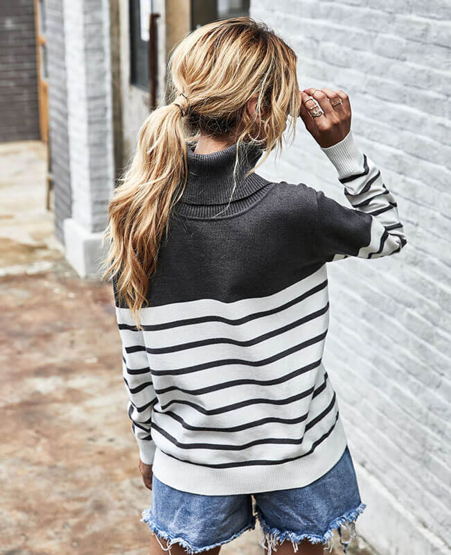 Long Sleeve Stripe Turtlenecks Sweater Cable Knit Sweater Womens