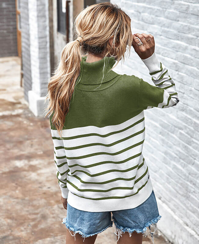 Long Sleeve Stripe Turtlenecks Sweater Cable Knit Sweater Womens