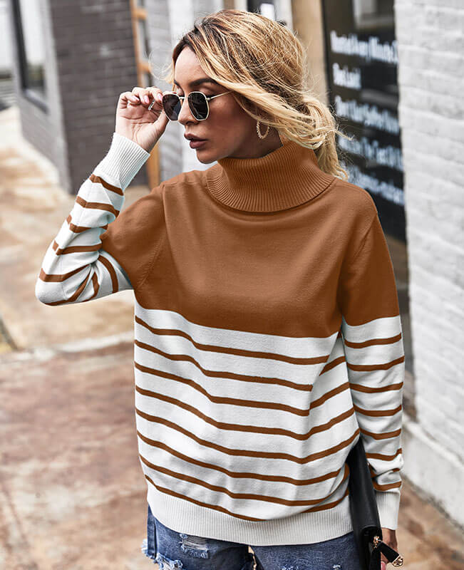 Long Sleeve Stripe Turtlenecks Sweater Cable Knit Sweater Womens