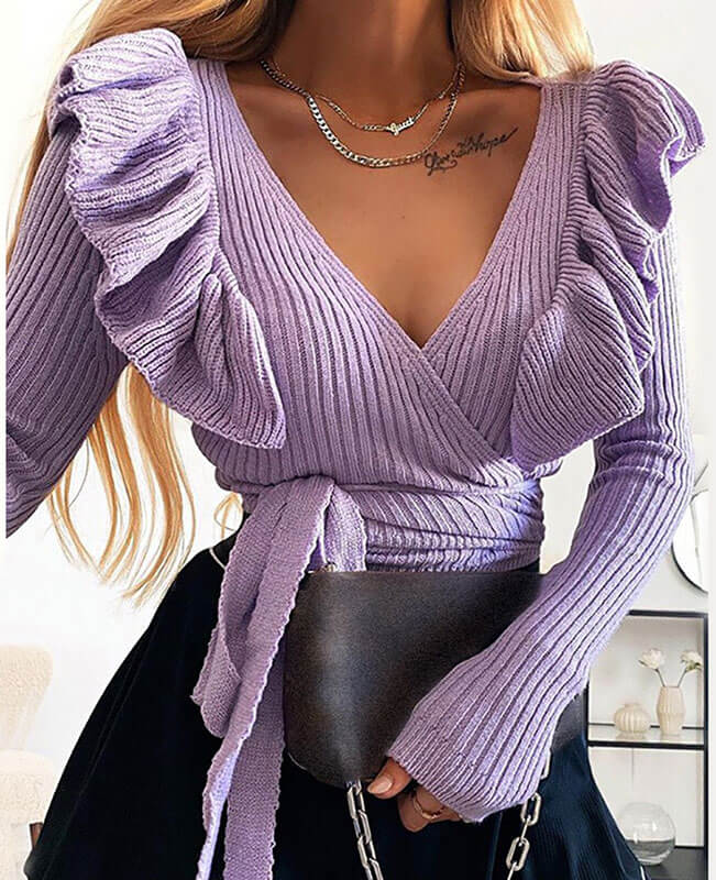 Sexy V Neck Lace-up Knitted Junior Sweater