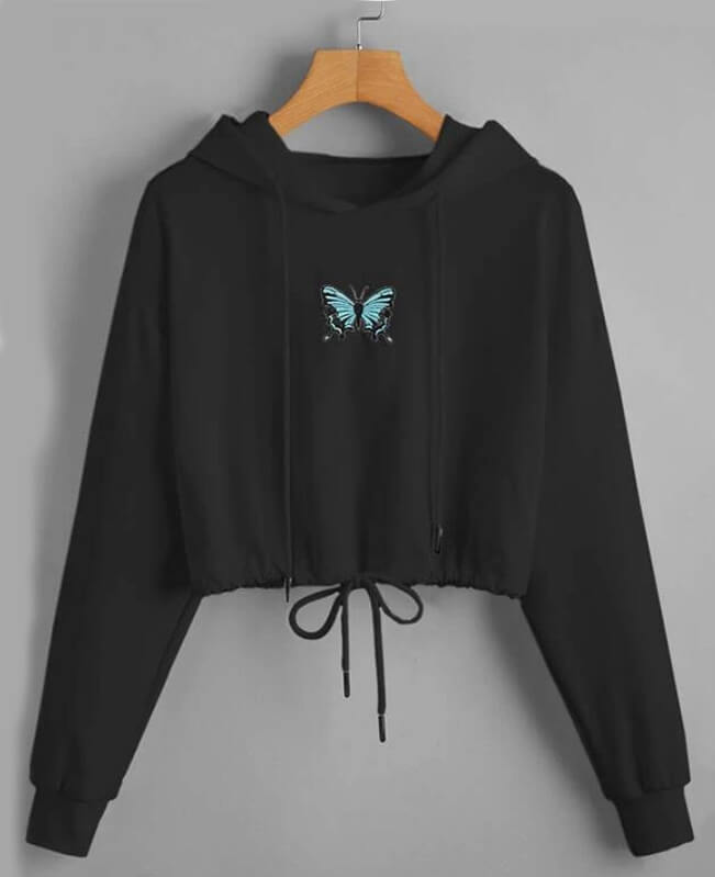 Drawstring Crop Top Butterfly Hoodie