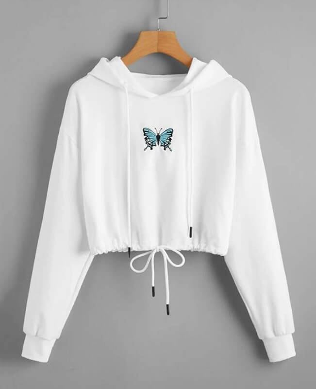 Drawstring Crop Top Butterfly Hoodie