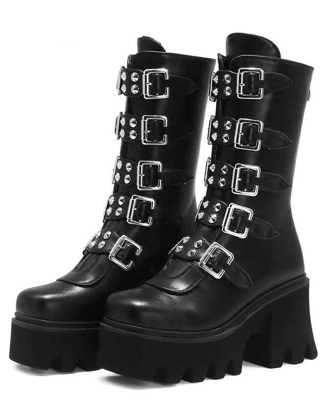 Gothic Platform Boots Black Buckle Strap Punk Boots Demonia Boots