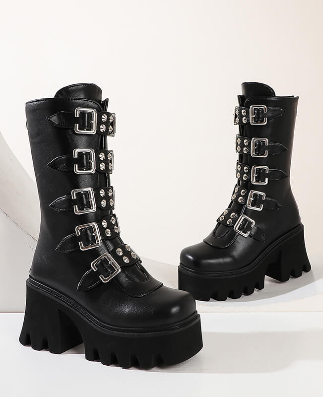 Gothic Platform Boots Black Buckle Strap Punk Boots Demonia Boots