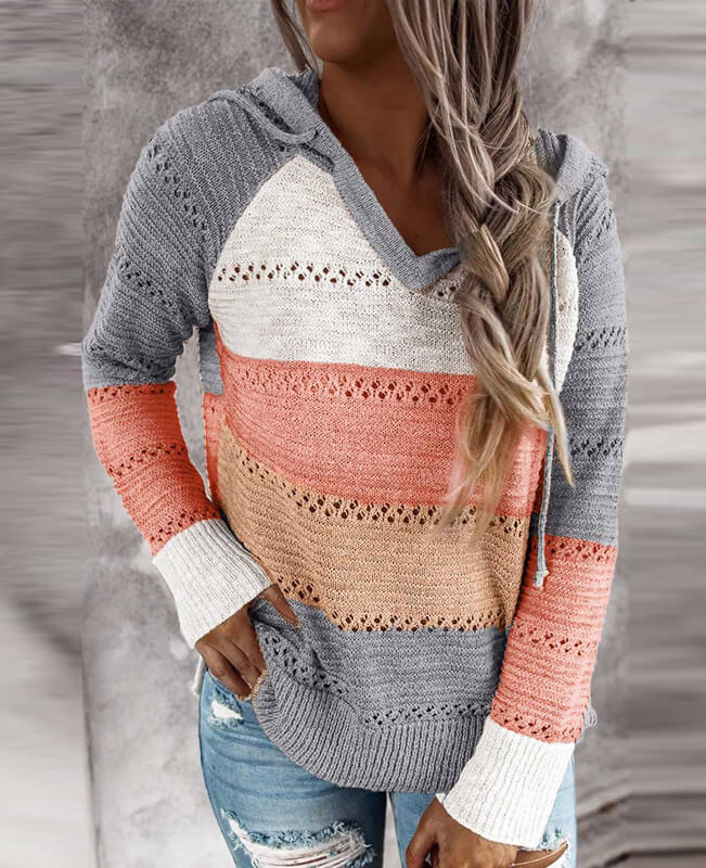 Color Block Hoodie Sweater Hollow Out Striped Sweater