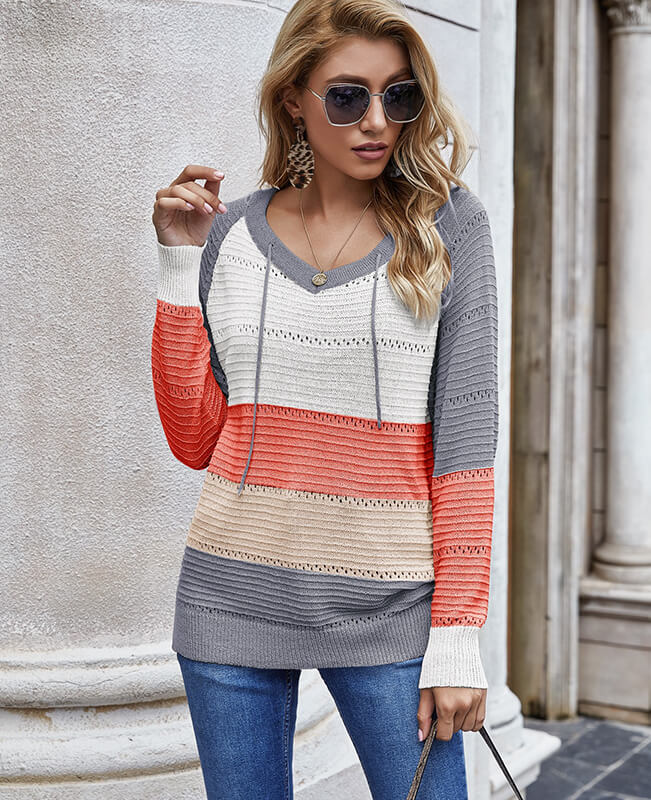 Color Block Hoodie Sweater Hollow Out Striped Sweater