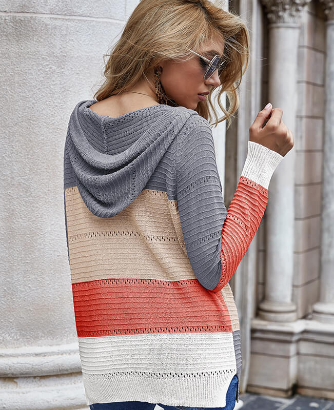 Color Block Hoodie Sweater Hollow Out Striped Sweater