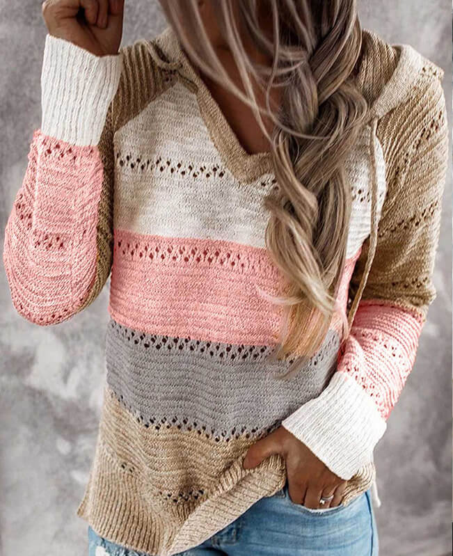 Color Block Hoodie Sweater Hollow Out Striped Sweater