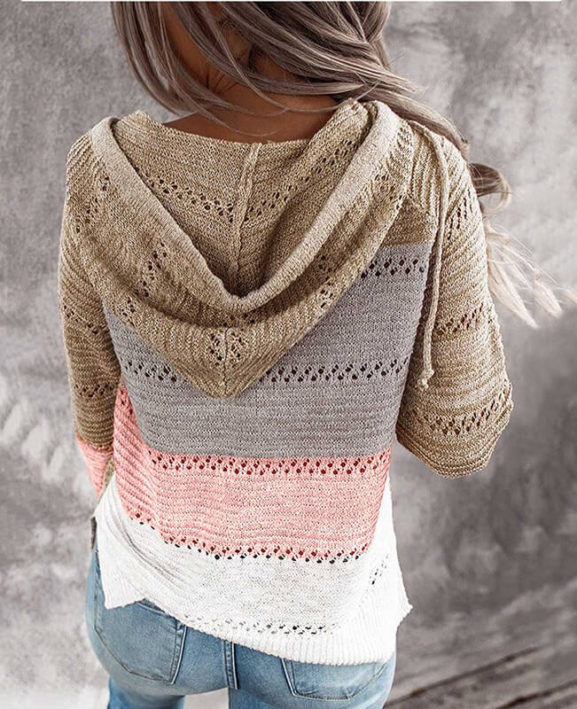 Color Block Hoodie Sweater Hollow Out Striped Sweater