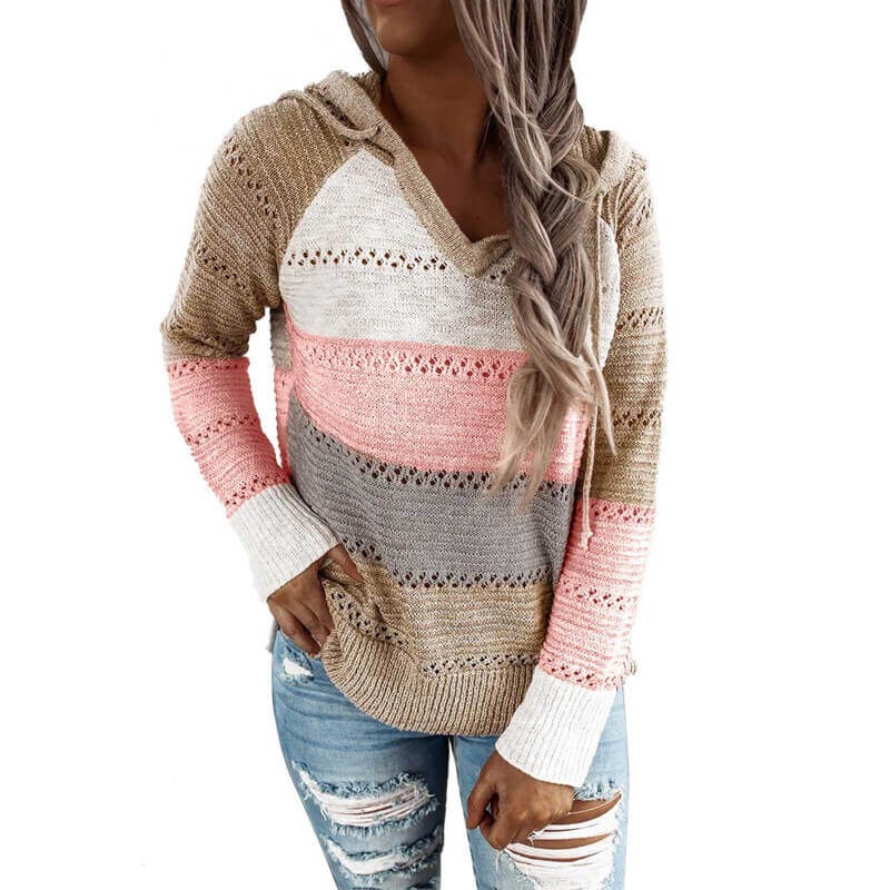 Color Block Hoodie Sweater Hollow Out Striped Sweater