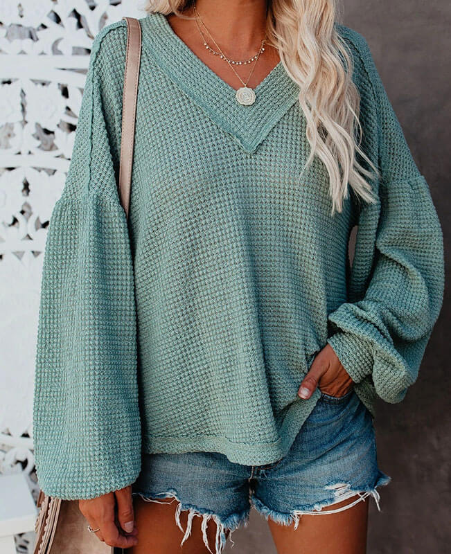 Casual V Neck Waffle Knit Sweater