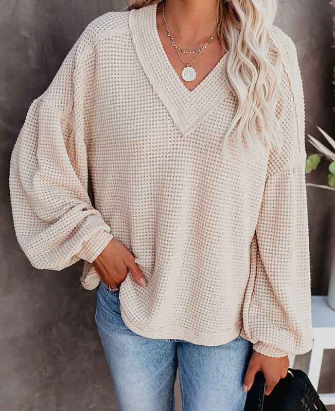 Casual V Neck Waffle Knit Sweater