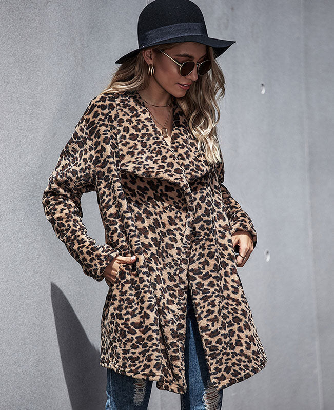 Faux Fur Leopard Coat Open Front Parka Overcoat