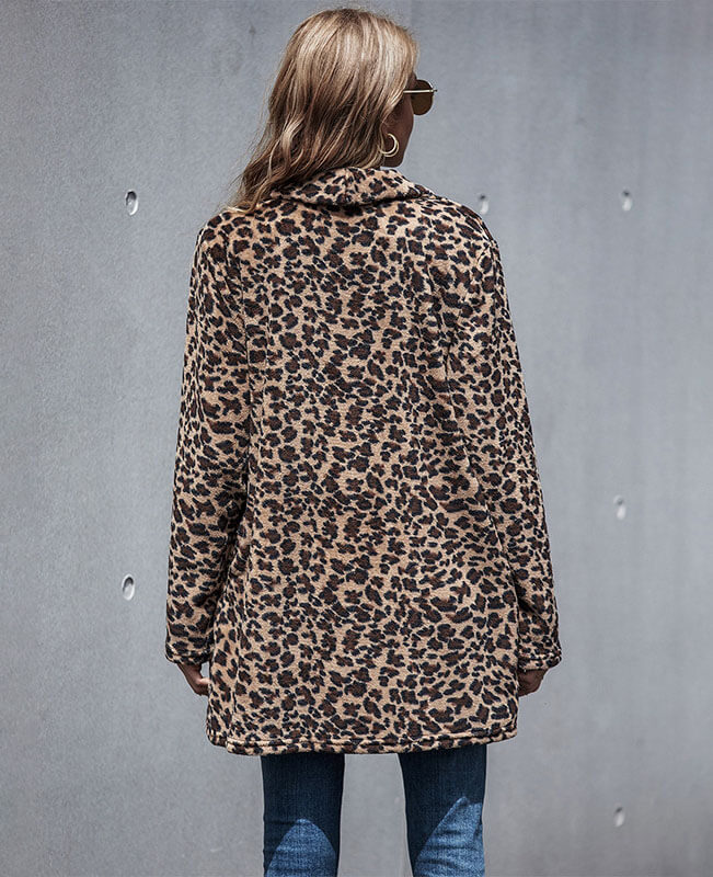 Faux Fur Leopard Coat Open Front Parka Overcoat