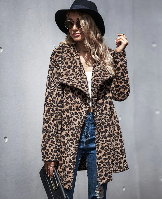 Faux Fur Leopard Coat Open Front Parka Overcoat