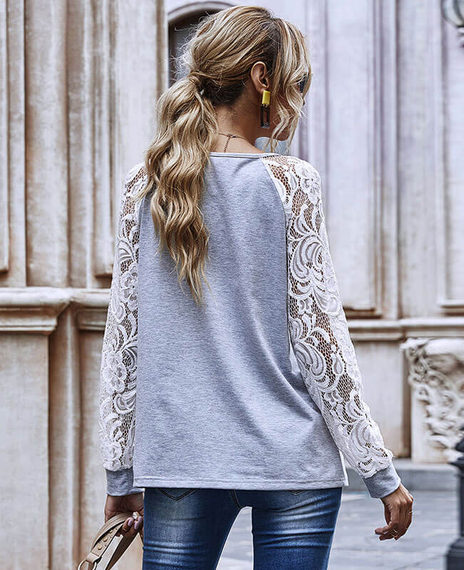 Crew Neck Sweaters For Women With Hollow Lace Sleeve Blouse