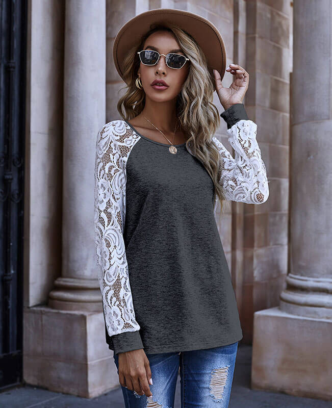 Crew Neck Sweaters For Women With Hollow Lace Sleeve Blouse