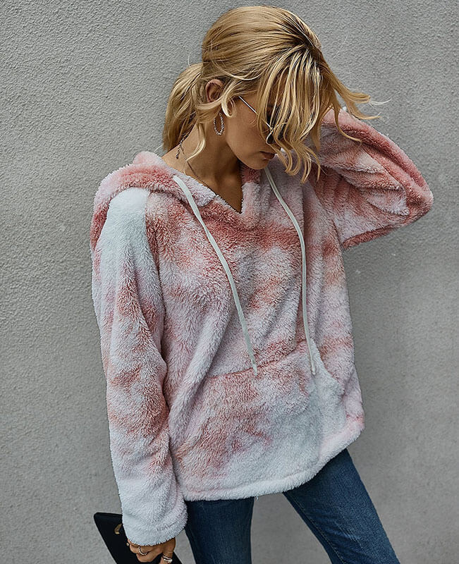 Women Fuzzy Fleece Tie Dye Hoodie Oversized Tie Dye Sherpa Pullover with Pocket
