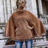 Women Turtleneck Poncho Sweater with Sleeves Trimmed Cape Coat