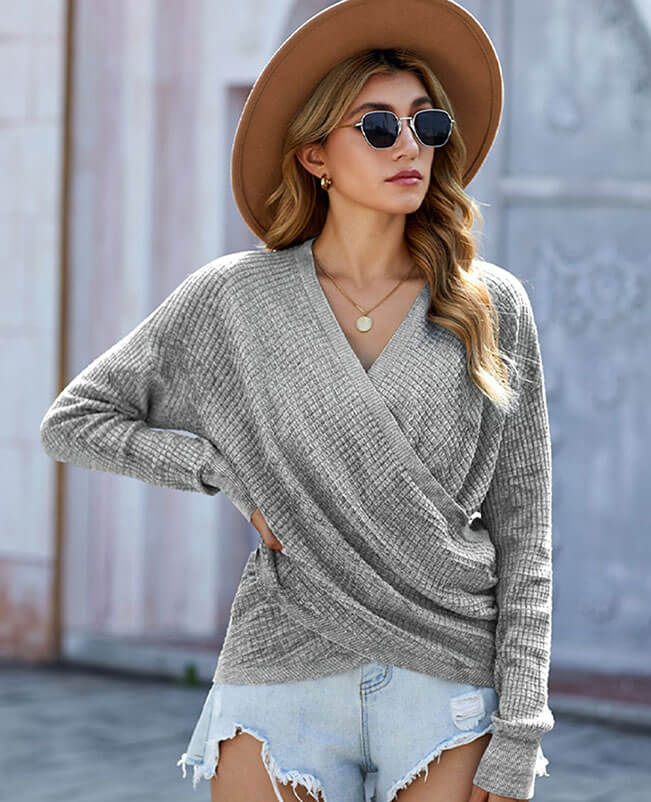 Women's Long Sleeve V-neck Cross Front Sweater
