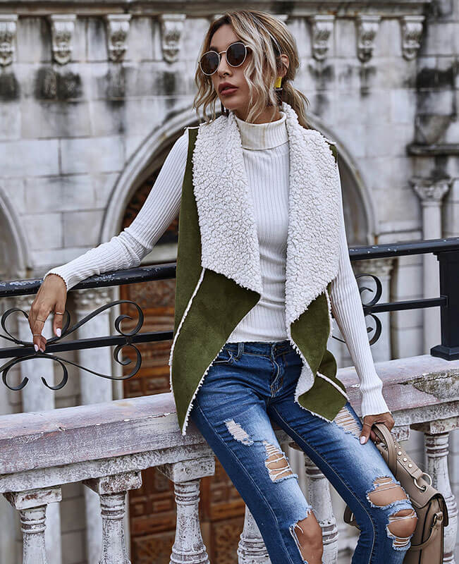 Womens Fleece Jacket Sleeveless Lapel Cardigan Coat