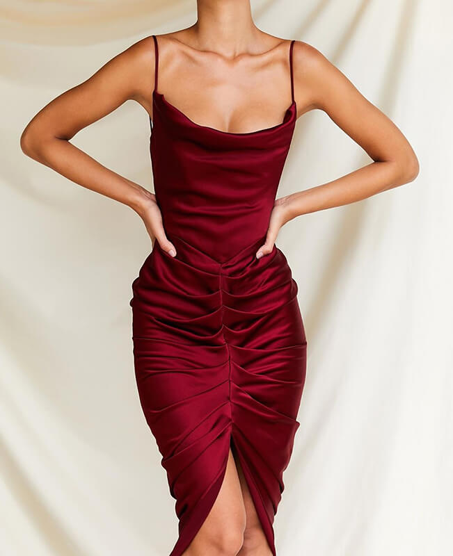 Satin Spaghetti Strap Sexy Ruched Dress