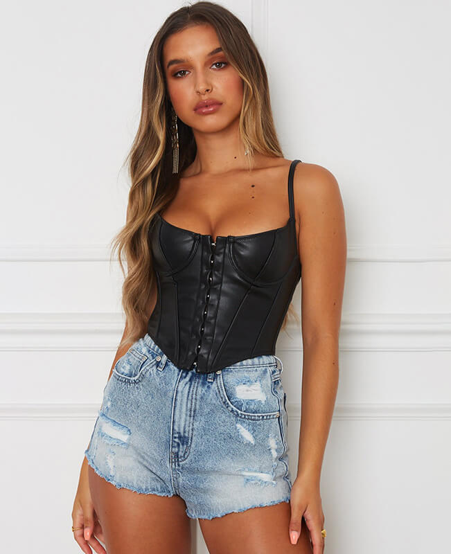 Sexy Deep V-Neck Black Leather Corset Crop Top For Sale