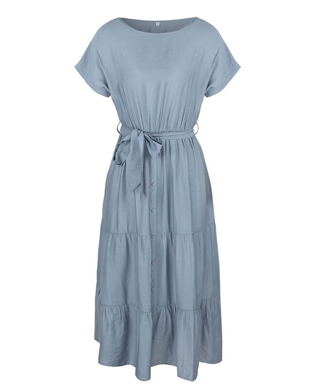 Short Sleeve Crewneck Solid Color Tie Waist Dress