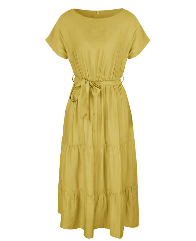 Short Sleeve Crewneck Solid Color Tie Waist Dress