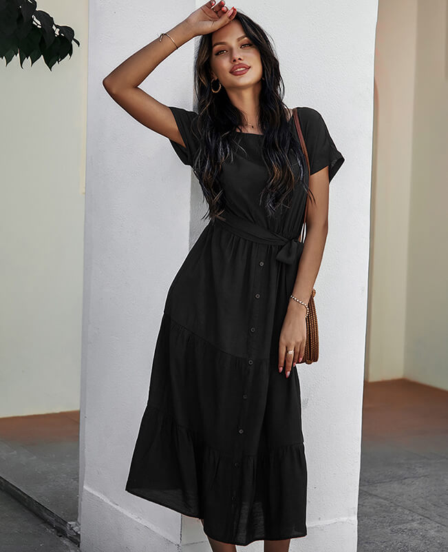Short Sleeve Crewneck Solid Color Tie Waist Dress