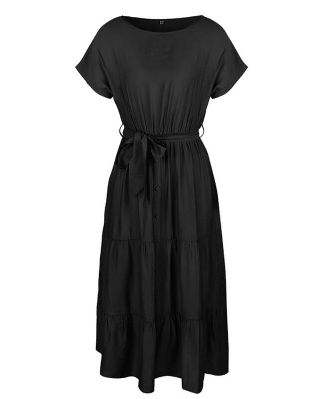 Short Sleeve Crewneck Solid Color Tie Waist Dress