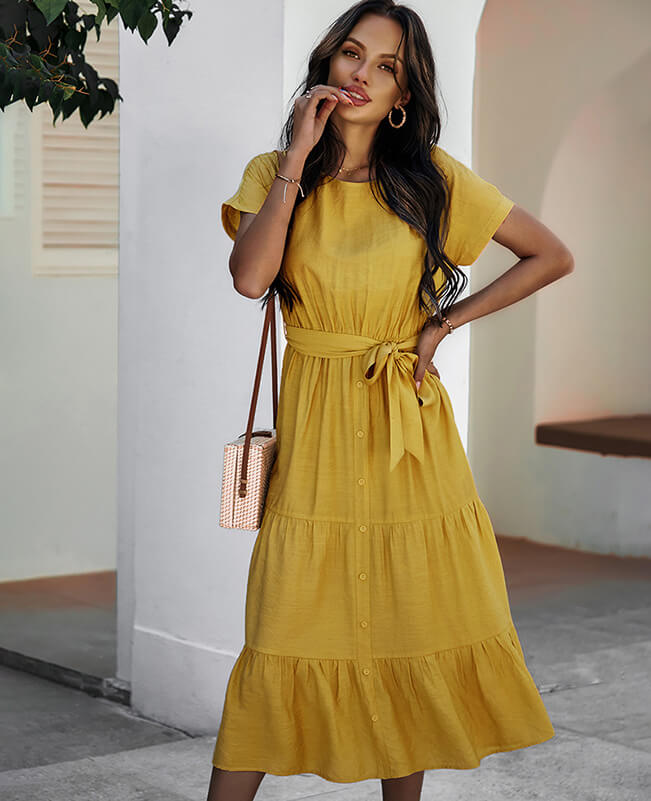 Short Sleeve Crewneck Solid Color Tie Waist Dress