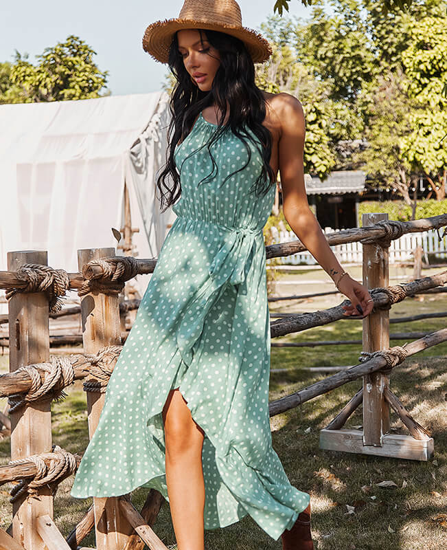 Sleeveless Boho Style Polka Dot Halter Neck Dress