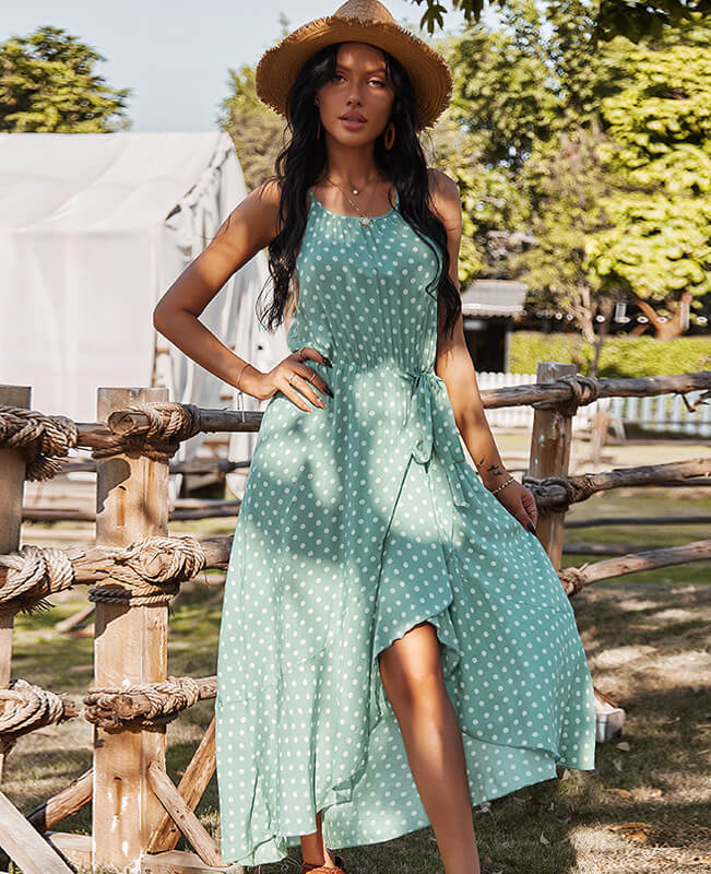 Sleeveless Boho Style Polka Dot Halter Neck Dress
