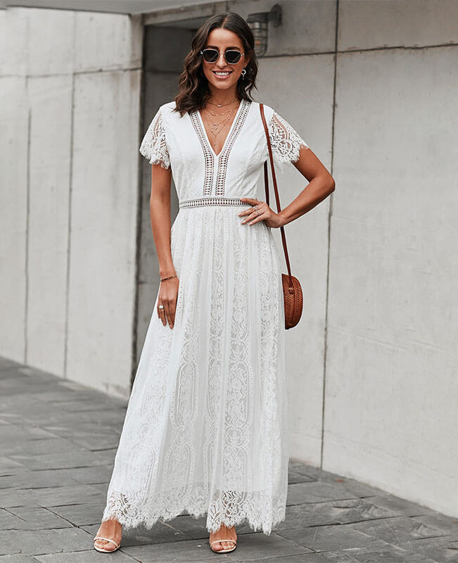Lace White Boho Maxi Dress Bohemian Wedding Dress