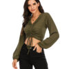 Long Sleeve V Neck Ruched Crop Top Blouse