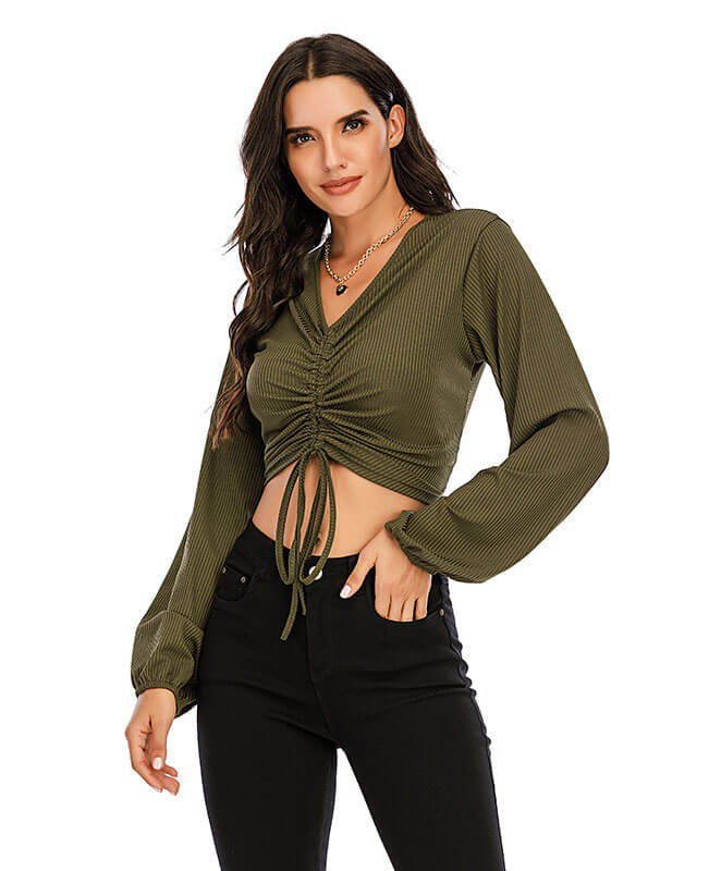 Long Sleeve V Neck Ruched Crop Top Blouse