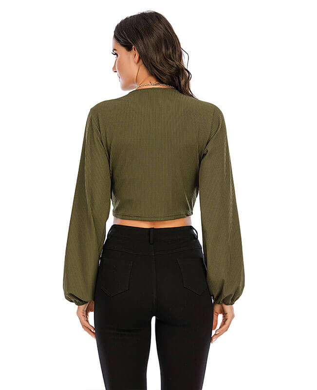Long Sleeve V Neck Ruched Crop Top Blouse