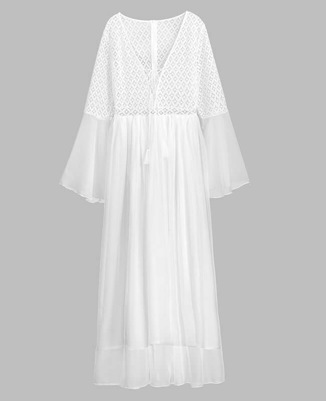 Hollowing Out V-Neck Flounce White Lace Bohemian Dress