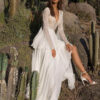Hollowing Out V-Neck Flounce White Lace Bohemian Dress
