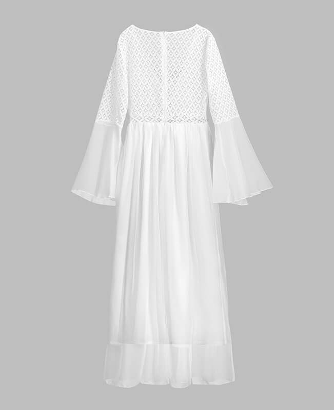 Hollowing Out V-Neck Flounce White Lace Bohemian Dress