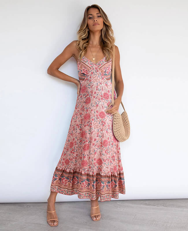 Bohemian Style Floral Printed V Neck Patchwork Dress