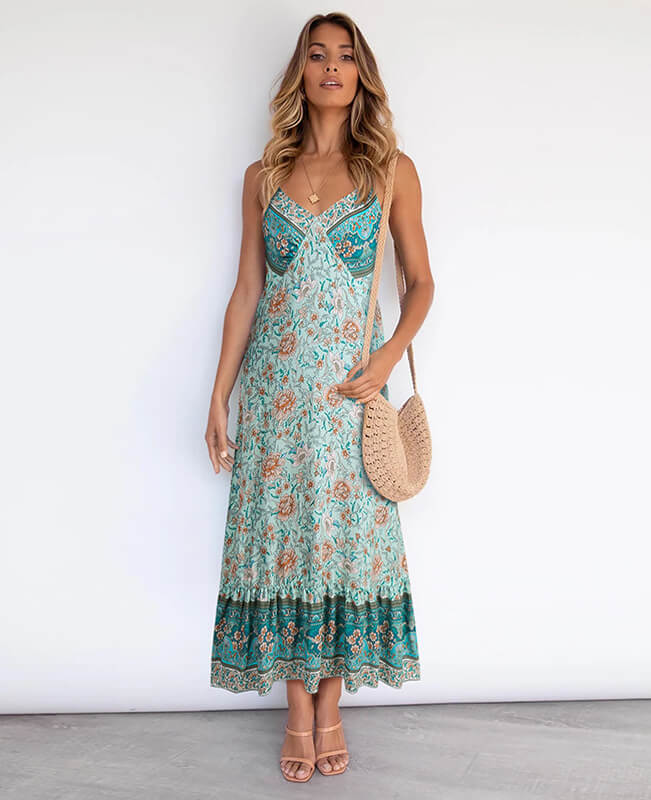 Bohemian Style Floral Printed V Neck Patchwork Dress