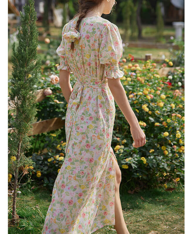 V-Neck Floral Print A-Line Maxi Dresses