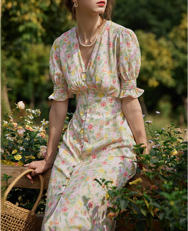V-Neck Floral Print A-Line Maxi Dresses