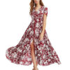 Women's Bohemian Floral Printed V Neck Short Sleeve Maxi Dress