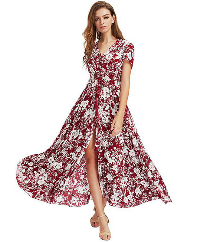 Women's Bohemian Floral Printed V Neck Short Sleeve Maxi Dress